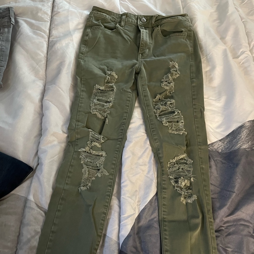 American Eagle Olive Distressed Women Jeggings
